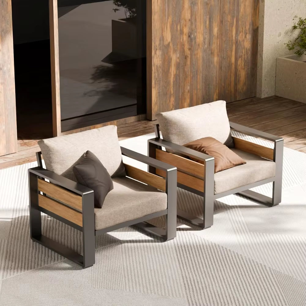 Aluminum Outdoor Patio Furniture - 2 Pcs Armchairs and Coffee Table, All-Weather Metal Modern outside Furniture with Washable T