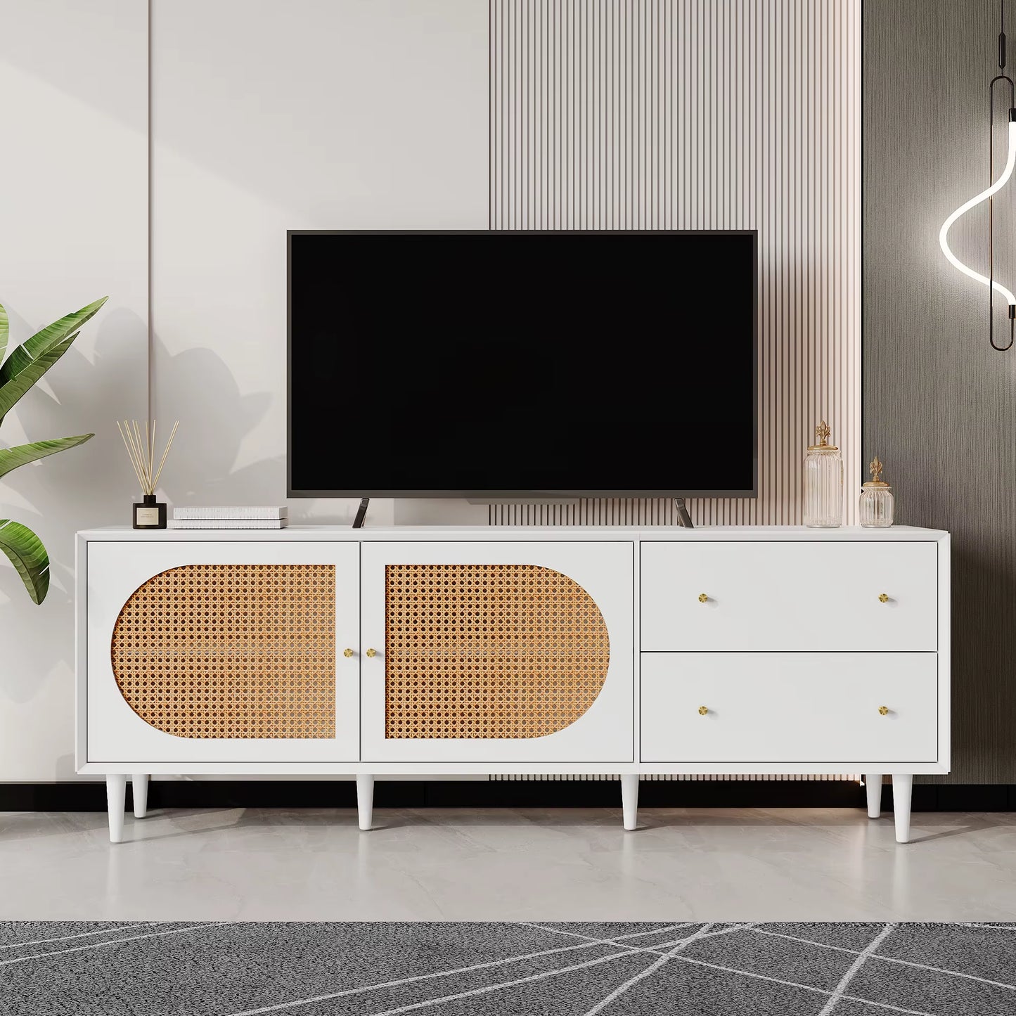 Modern TV Furniture with 2 Drawers, 2 Door Rrotin Design, Drink Feds, TV Table Furniture for Living Room, White
