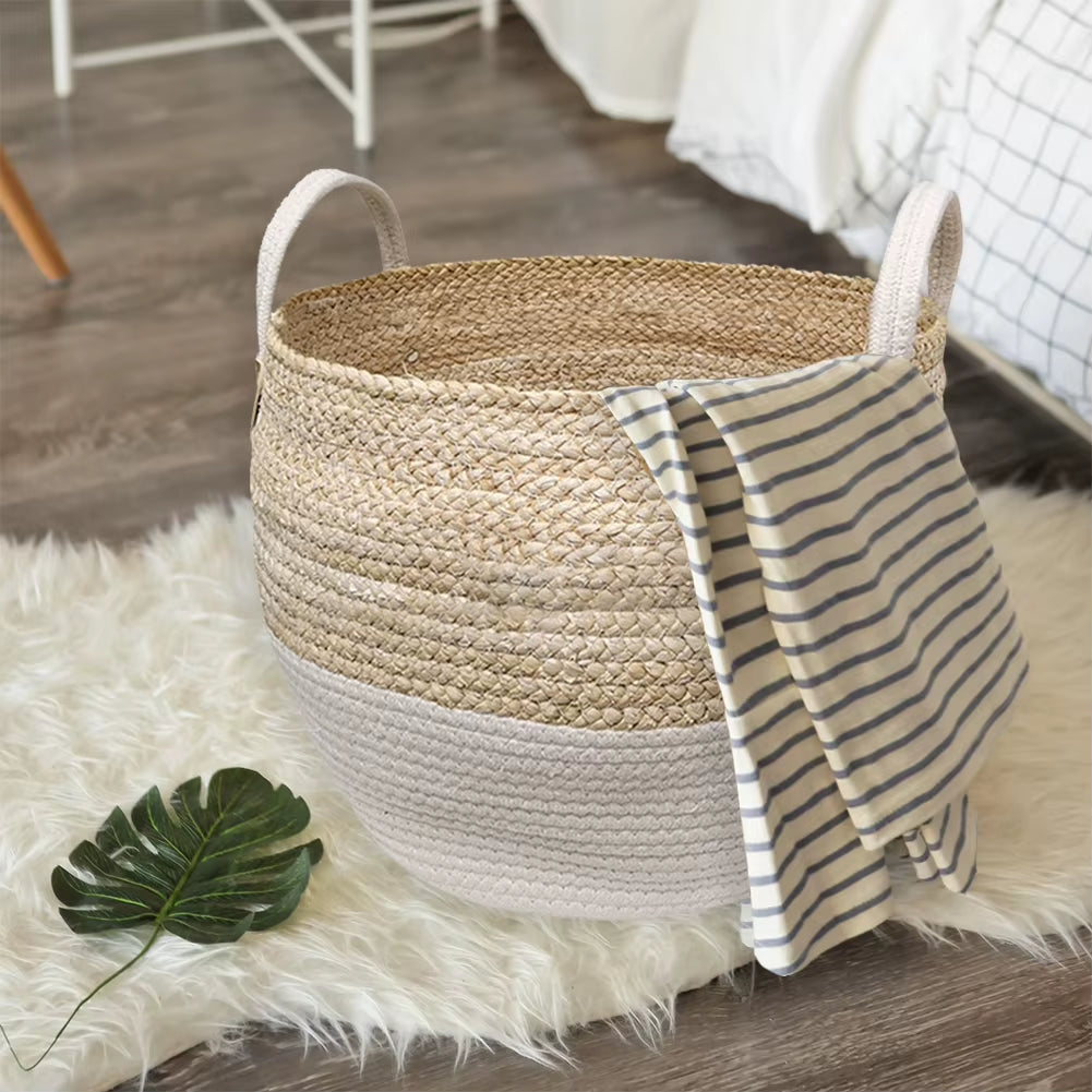 Durable Woven Storage Basket Desktop Storage Box Snack Toy Straw Storage Box with Handle Cesta Mimbre Decoracion #CW