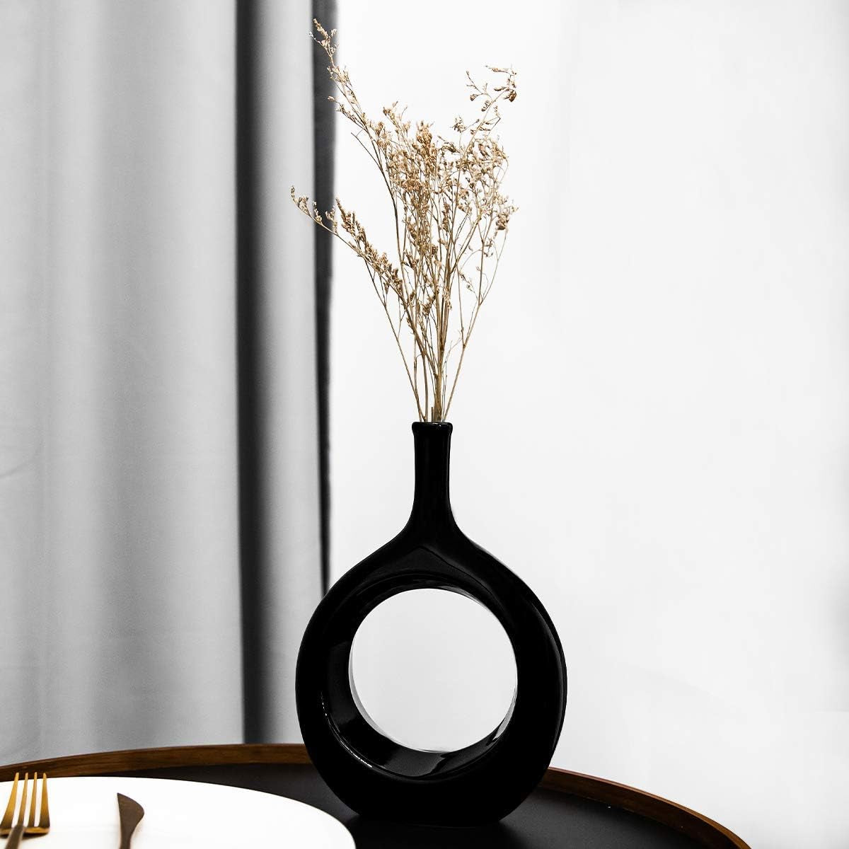 10" Black Modern Ceramic Vase - Glossy Finish, Bottle Shape, Ideal for Living Room, Bedroom, Kitchen Decor