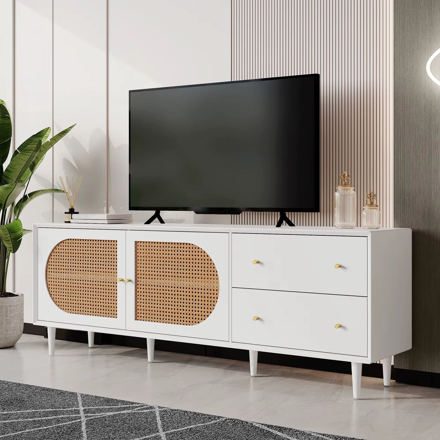 Modern TV Furniture with 2 Drawers, 2 Door Rrotin Design, Drink Feds, TV Table Furniture for Living Room, White