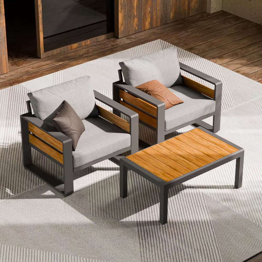 Aluminum Outdoor Patio Furniture - 2 Pcs Armchairs and Coffee Table, All-Weather Metal Modern outside Furniture with Washable T